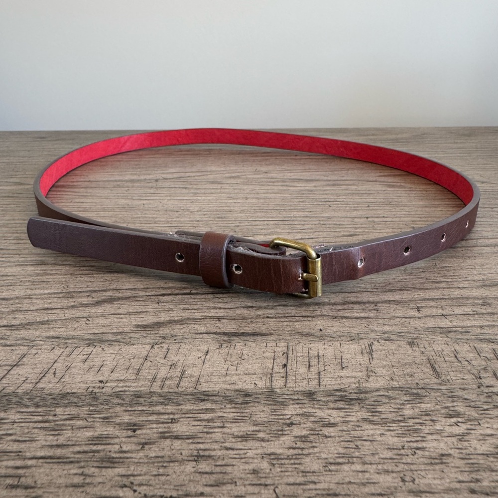 Chocolate Brown Leather Belt Skinny Gold Buckle - Picture 2 of 11